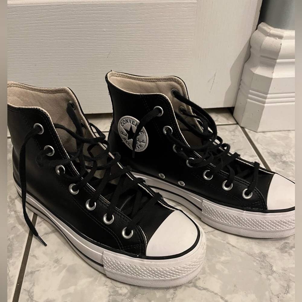 Black leather high tops, platform converse